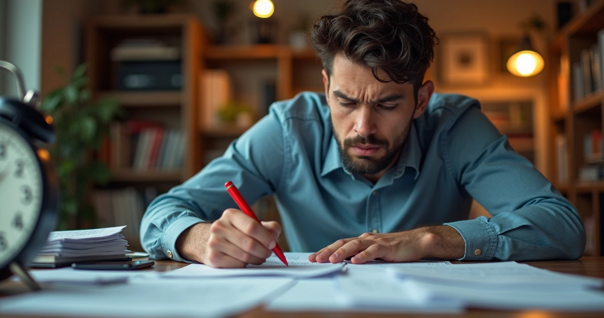 Persona sentada en un escritorio, con papeles y reloj, mostrando señales de ansiedad y perfeccionismo. 