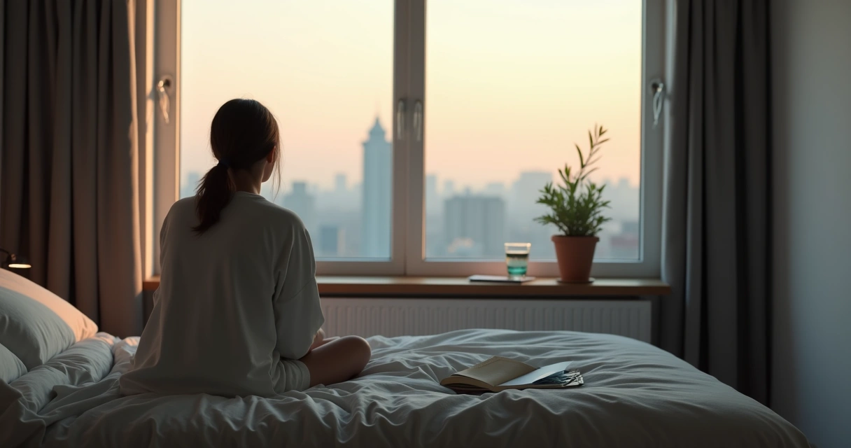 Person sitting on a bed at dawn looking out the window in deep thought 