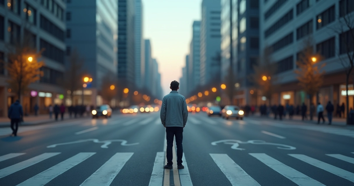 Person standing at a city crossroads surrounded by overlapping paths and question marks 
