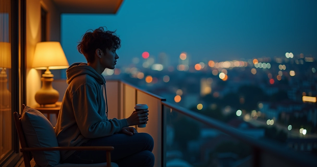 Person sitting alone reflecting with city lights in the background 
