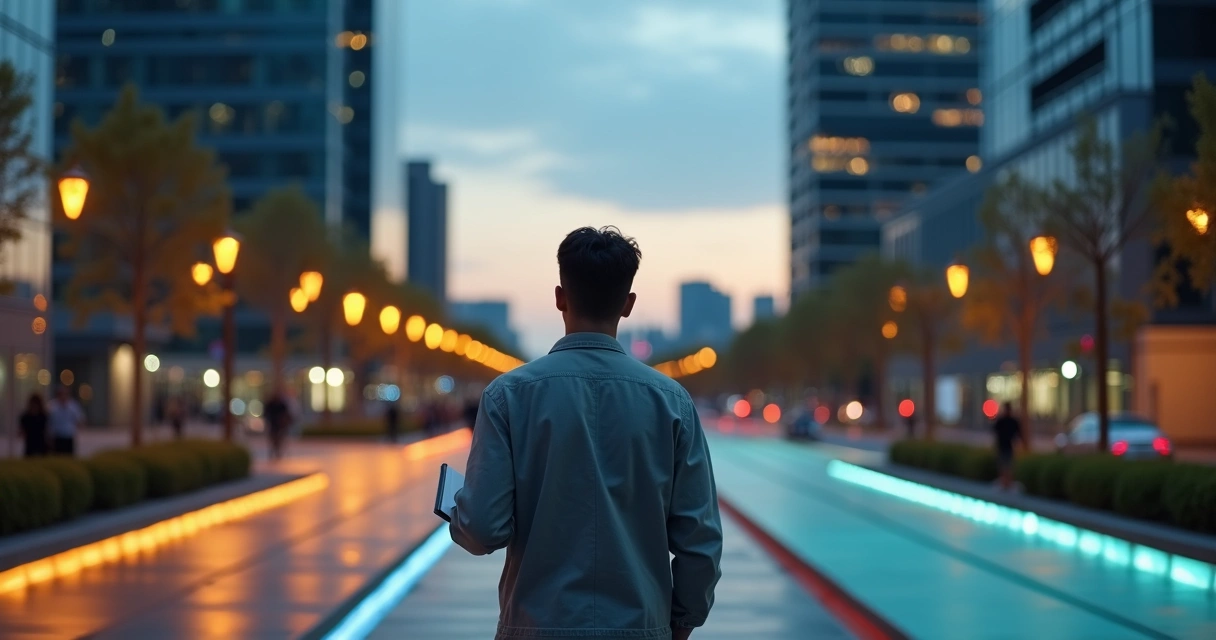 Person at a city crossroads choosing a path under dramatic light 