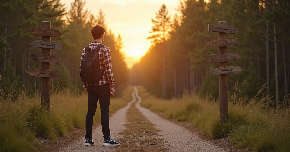 Person standing at a crossroads with multiple path signs pointing in different directions 