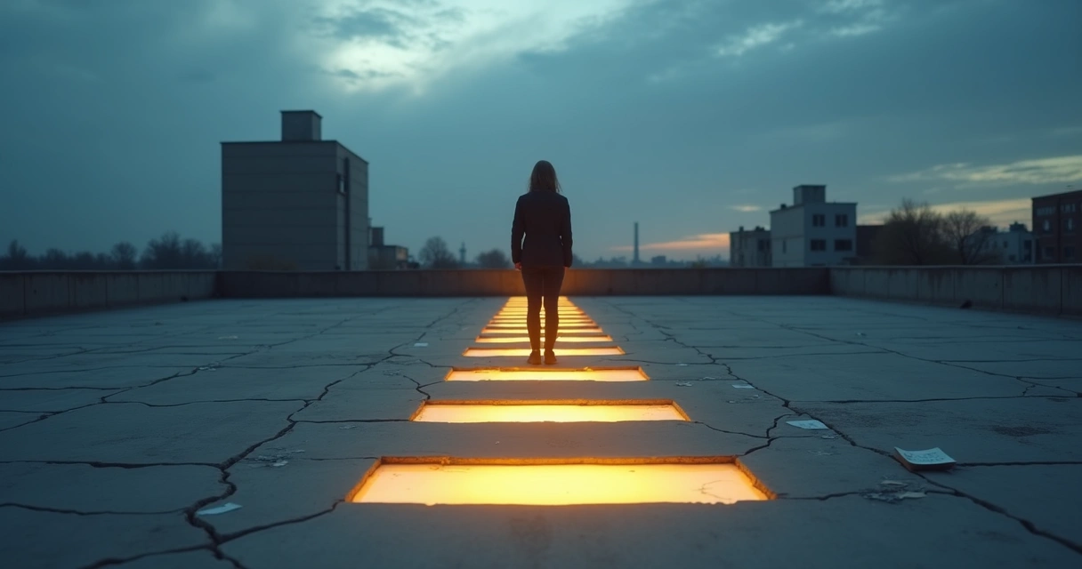 Person standing at the edge of broken pavement that turns into a luminous path of stepping stones 