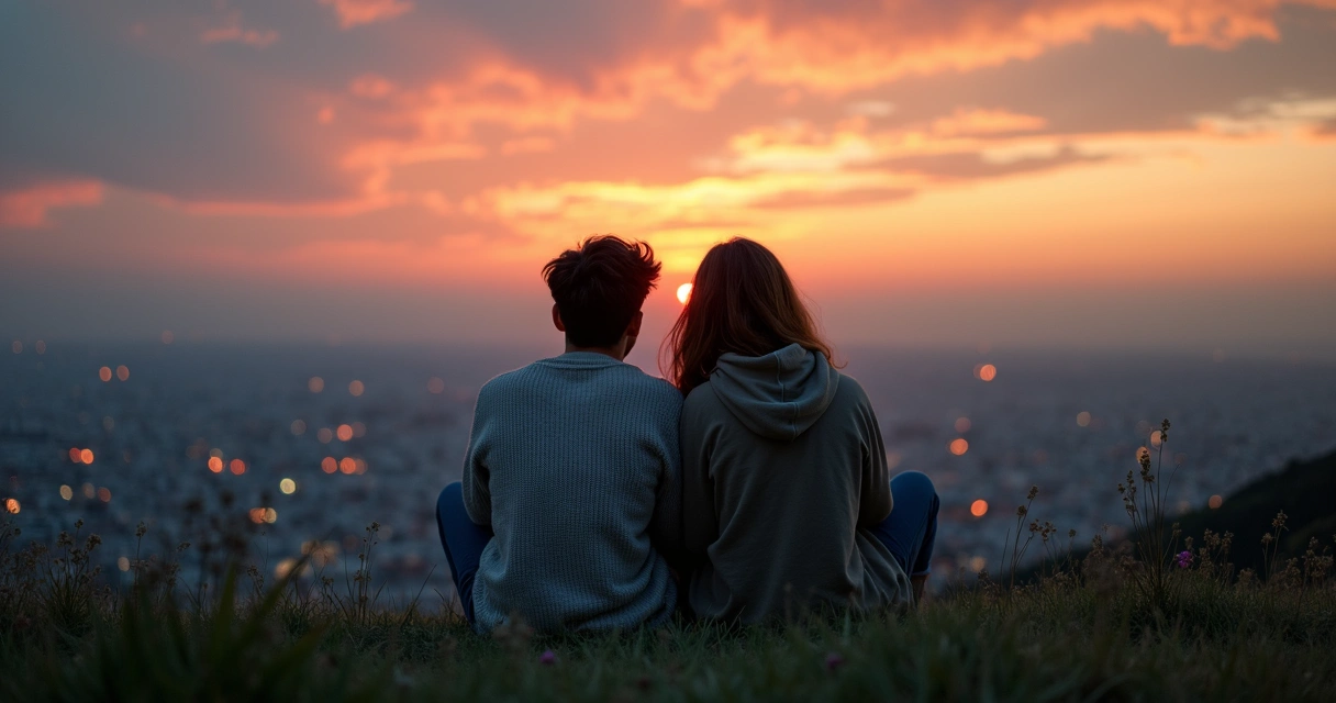 Couple sitting on a hill at sunset reflecting together over a city 