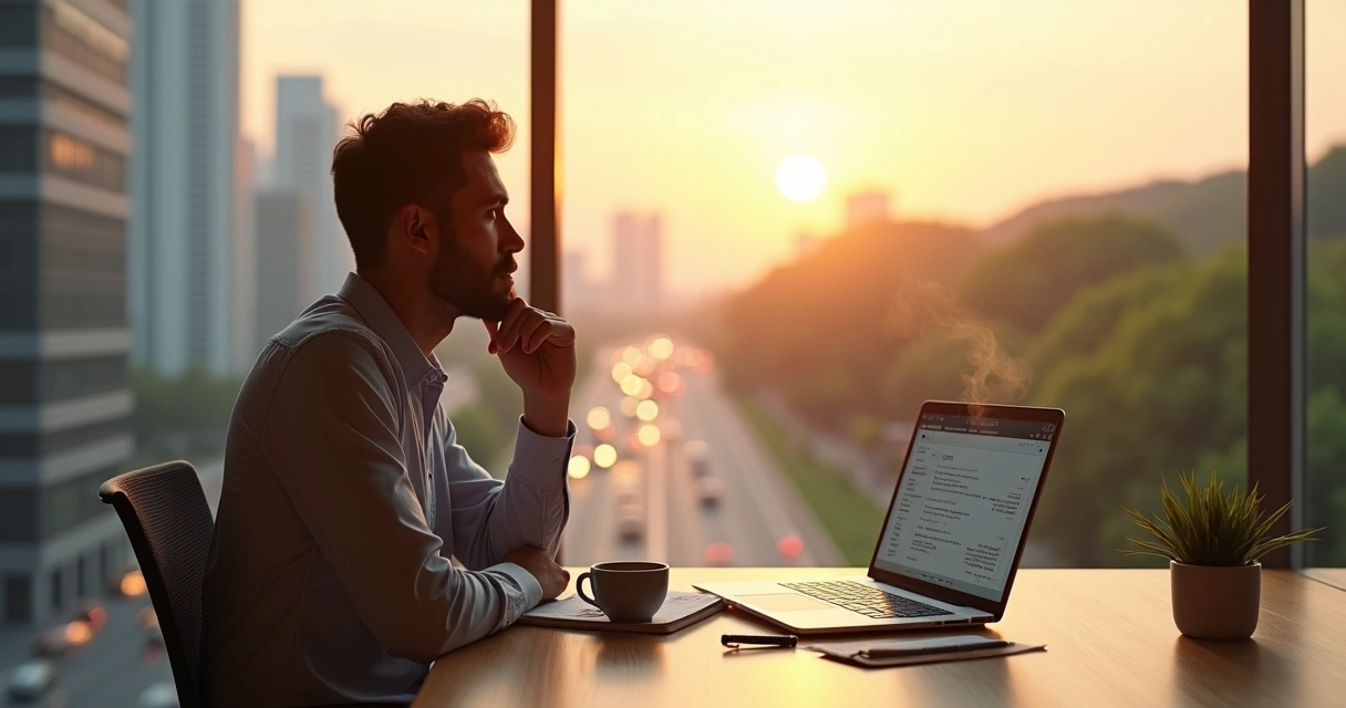 Professional reflecting at desk between city view and nature landscape 