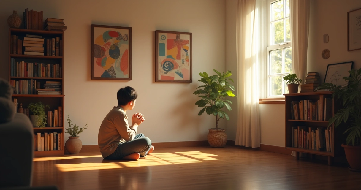 Person sitting in a dimly lit room reflecting quietly 