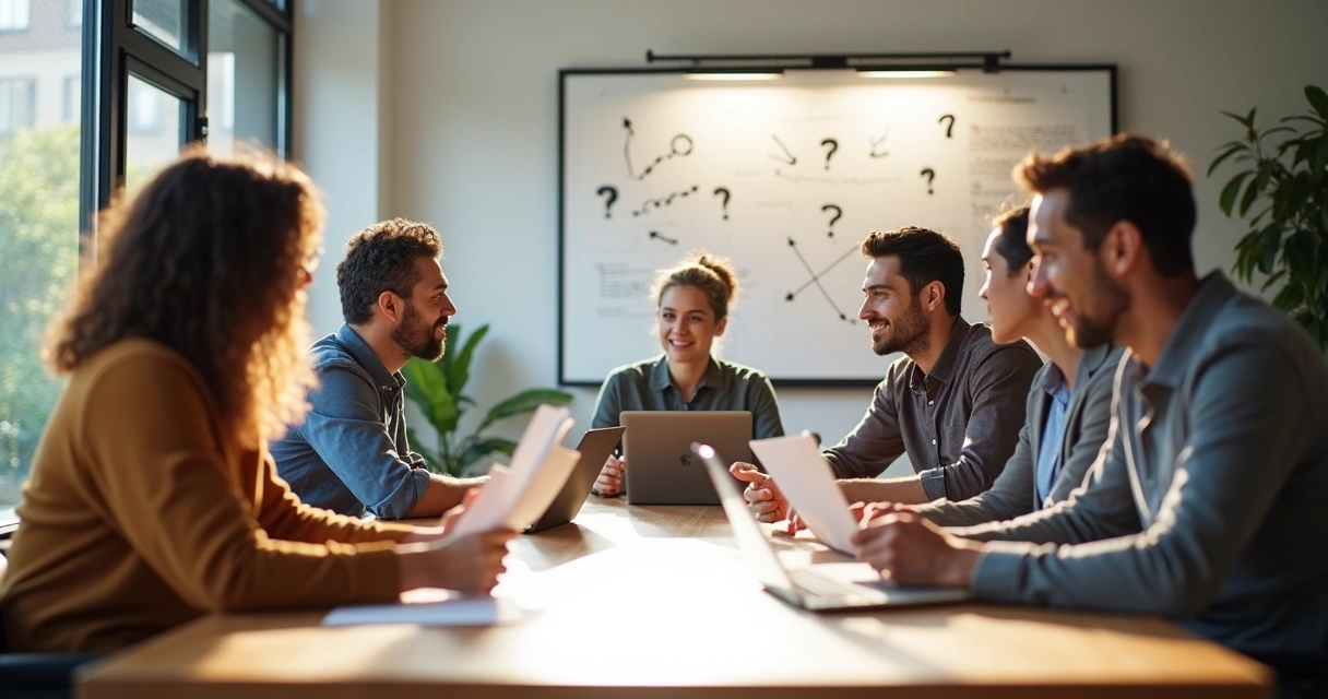 Group discussing ideas around a table in a bright meeting room 