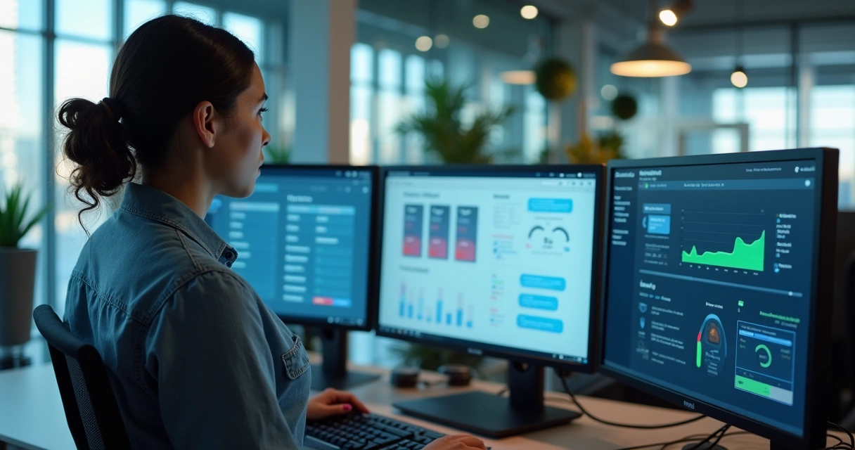 Manager exploring digital tools and dashboards in modern office 