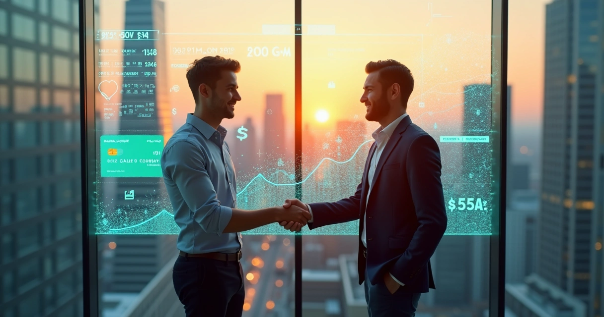 Fundadores de startup comemorando grande venda diante de gráficos financeiros em alta 