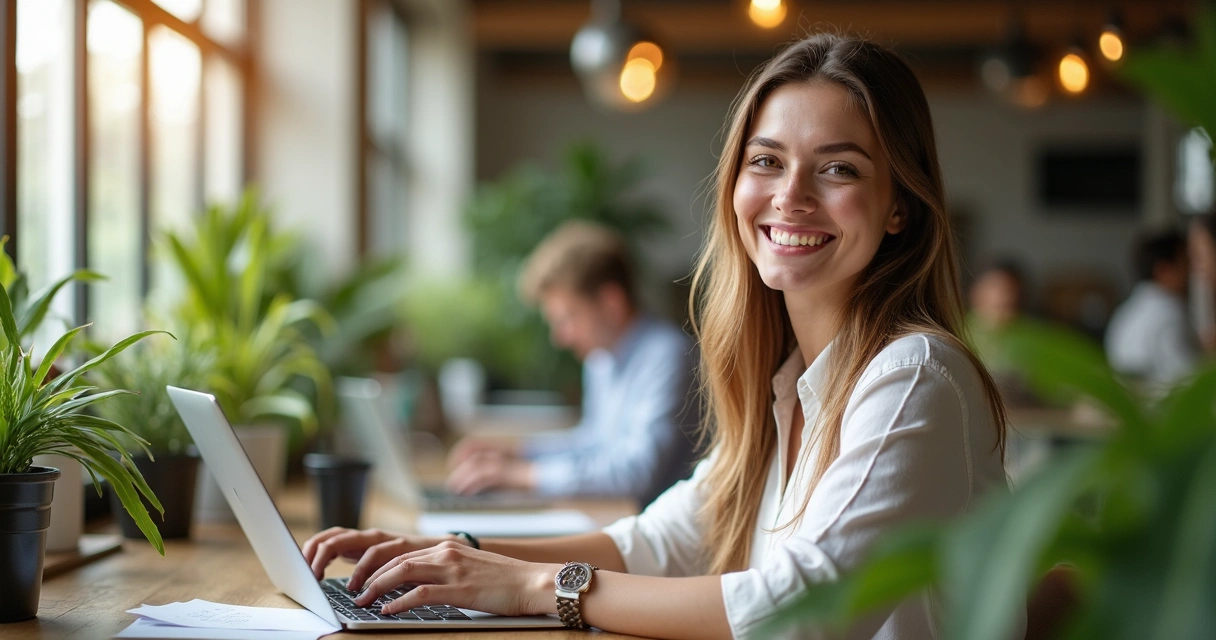 Persona sonriente trabajando en un espacio abierto, computadora portátil y luz natural 