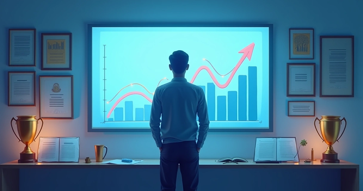 Persona frente a gráfico de ascenso con diplomas y trofeos