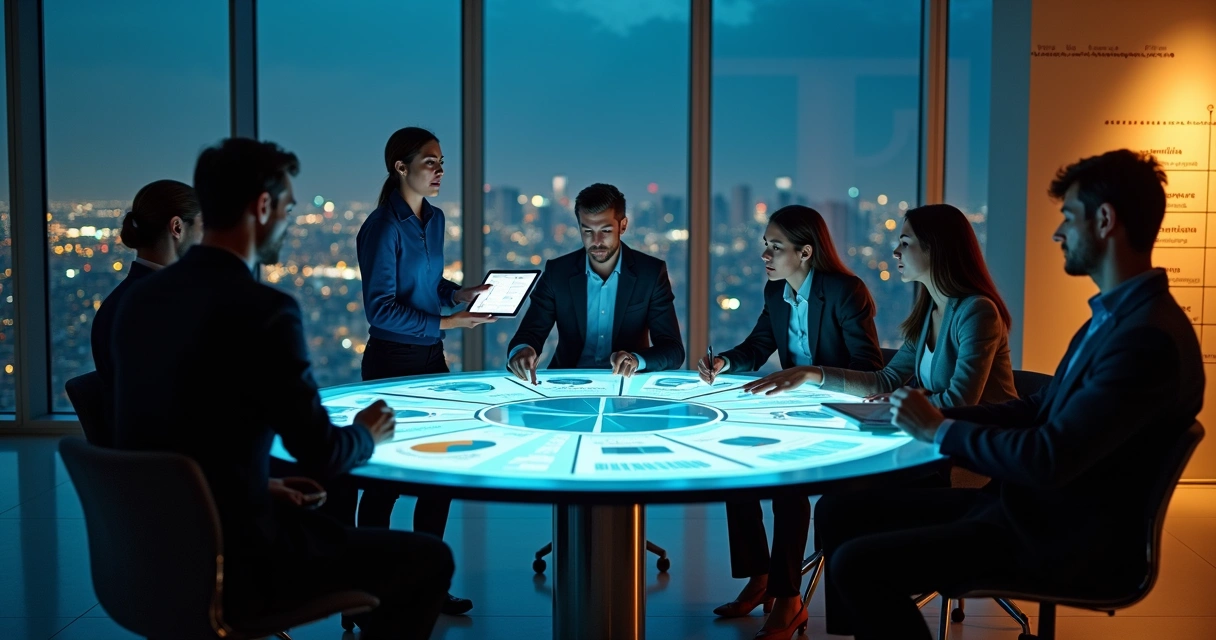 Tablero circular con métricas humanas y de negocio iluminado en una sala moderna 