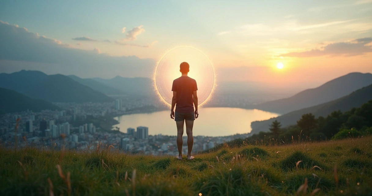Persona de pie en la cima de una colina contemplando un horizonte de ciudad y naturaleza equilibrados 