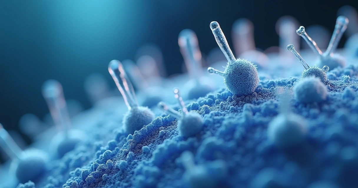 Vista microscópica mostrando exossomos interagindo com células do couro cabeludo 