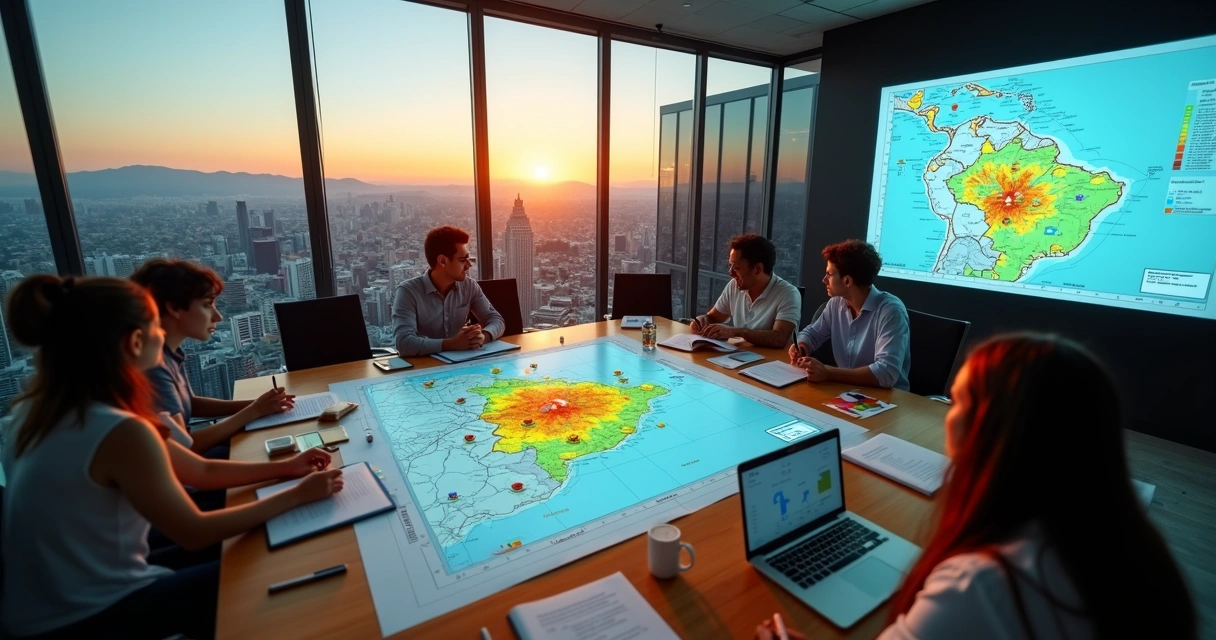 Equipe em sala de planejamento analisando expansão de delivery para novas cidades 