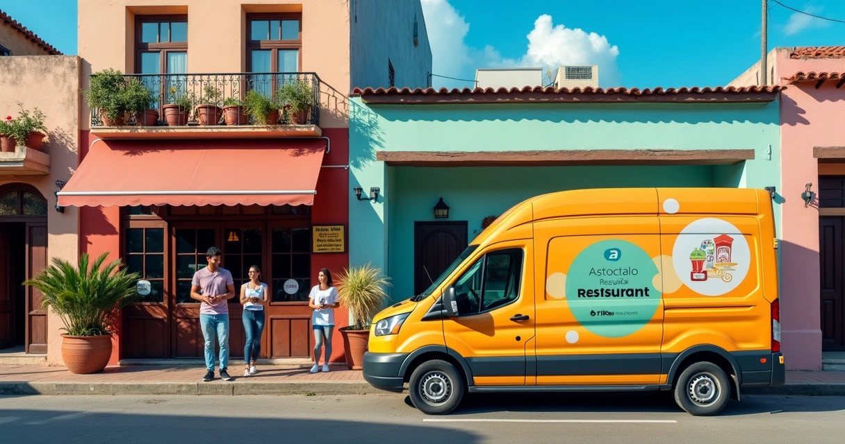 Caminhão de entrega em cidade pequena com bandeiras de aplicativo delivery 