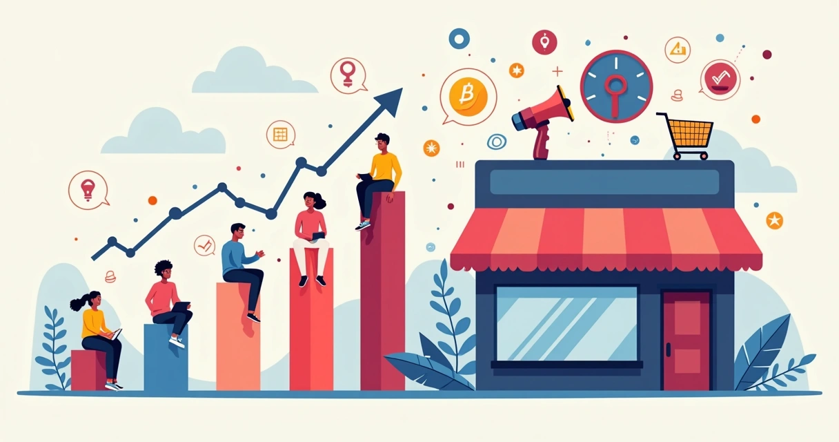 Representação gráfica de crescimento de clientes em loja virtual, com ícones de usuários e gráficos ascendentes