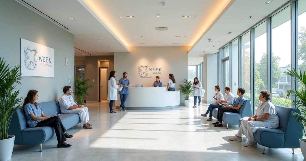 Lobby de uma clínica odontológica moderna com pacientes aguardando 