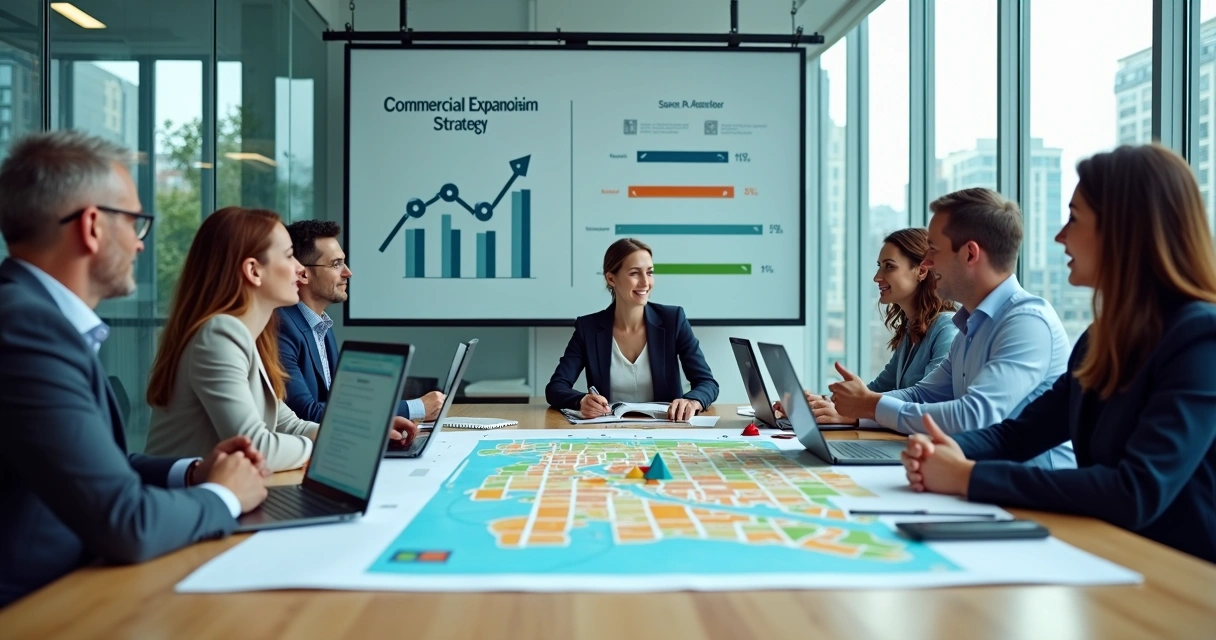 Equipe de vendas analisando mapa e gráficos de expansão comercial em sala de reunião moderna 