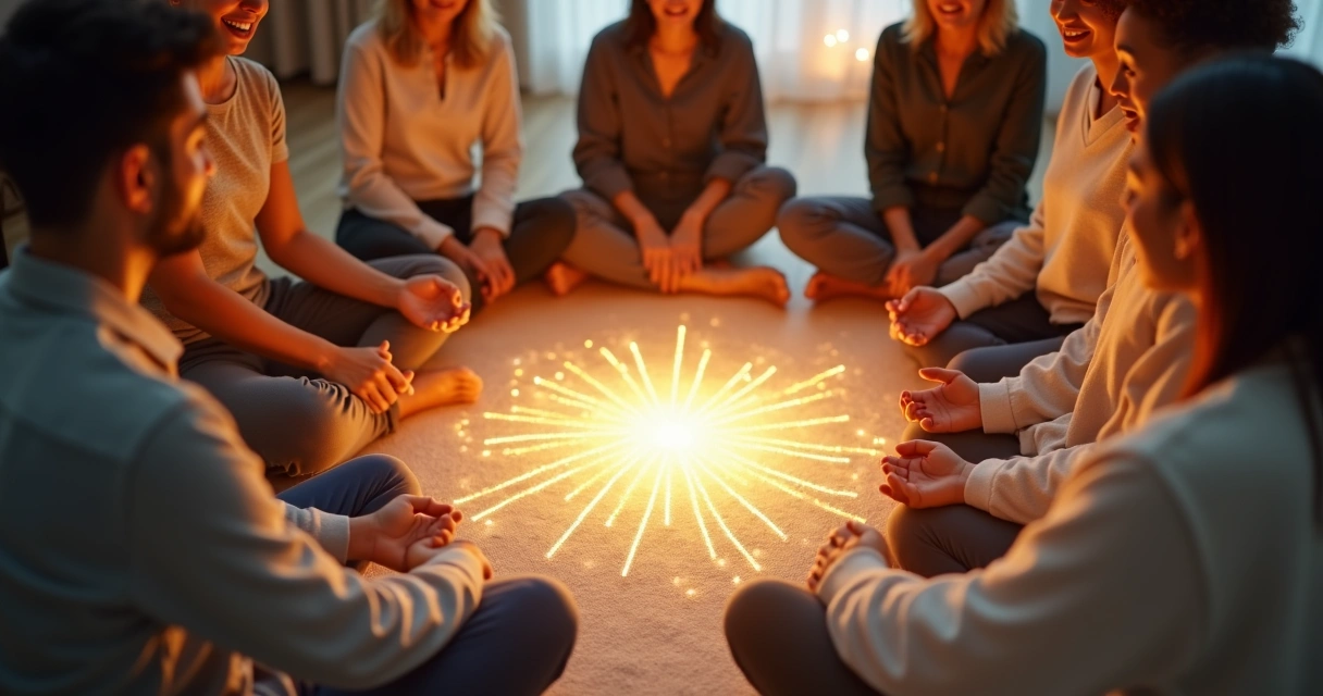 Pessoas em círculo, conectadas por energia luminosa ao centro