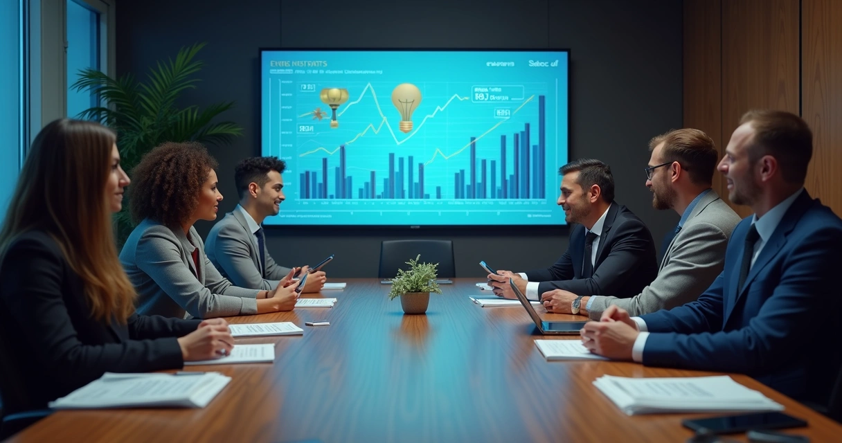 Equipe analisando gráficos de expansão de receita em sala de reunião