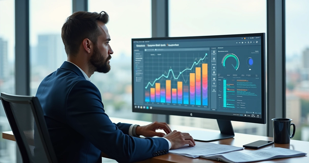 Empresário analisando dados que mostram crescimento e expansão. 