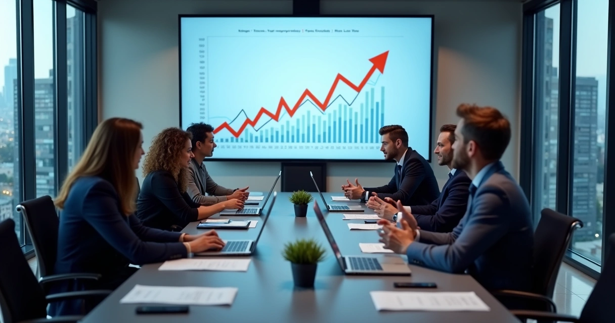Sala de reunião com gráficos de crescimento em painel, sinalizando expansão de empresa 
