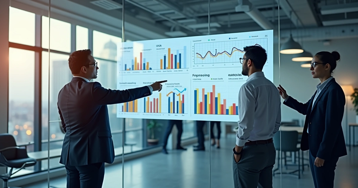 Gráficos de expansão de empresas coloridos em parede de escritório moderno 