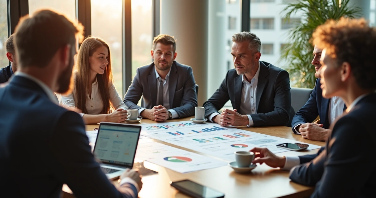 Mesa de reunião com pessoas analisando gráficos e computadores, discutindo estratégias para franquias 