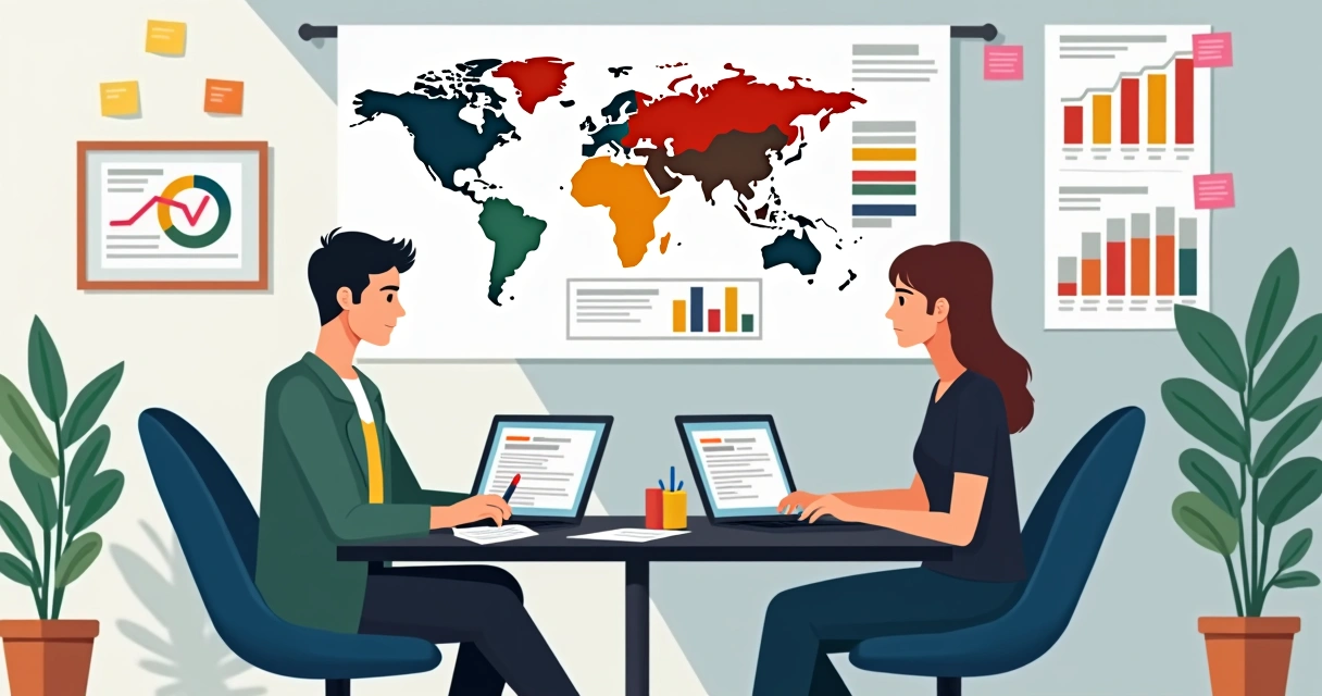 Equipe de negócios analisando mapas e dados de mercado em uma mesa branca 