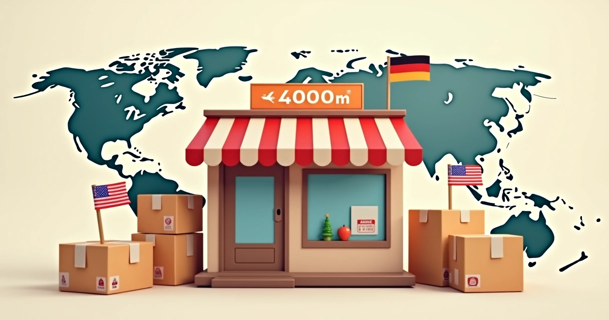 Loja virtual com bandeiras de vários países, representando a internacionalização