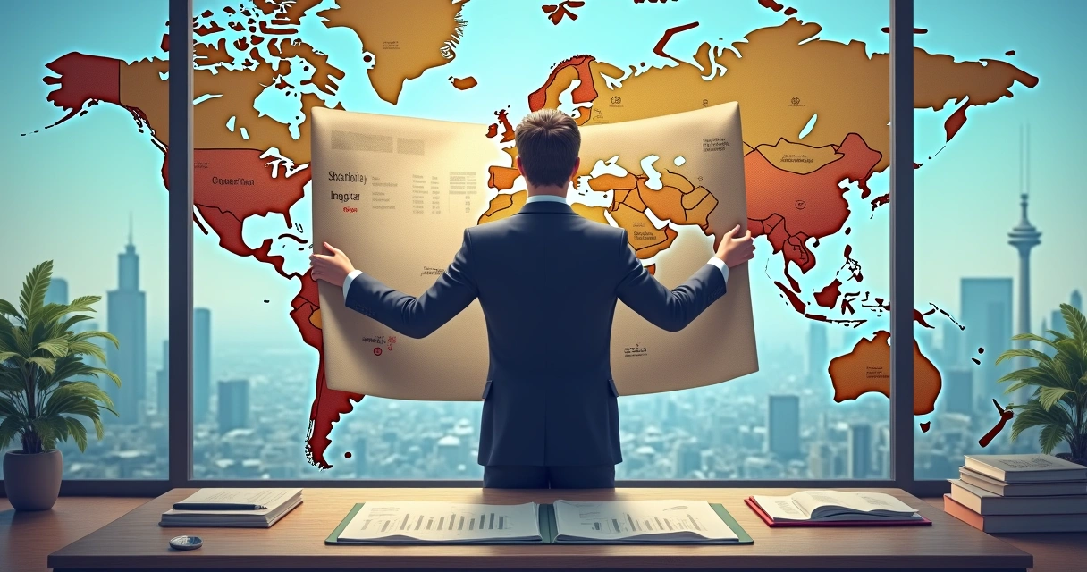 Ilustração de empresário planejando expansão mundial