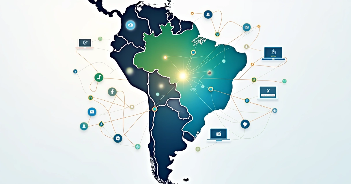 Mapa mostrando expansão de mercado com conexões de comunicação 