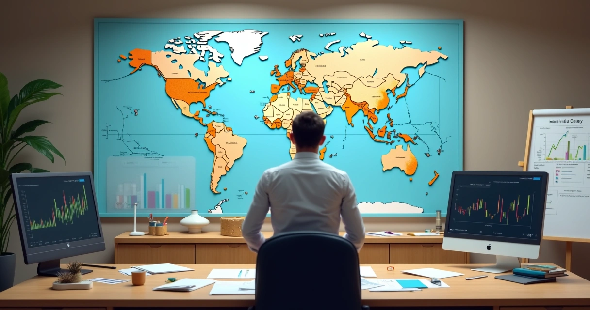 Empresário analisa mapa e gráficos de expansão no escritório