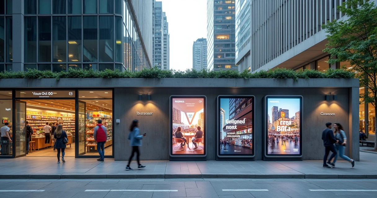 Vários displays digitais instalados em diferentes locais de uma cidade 