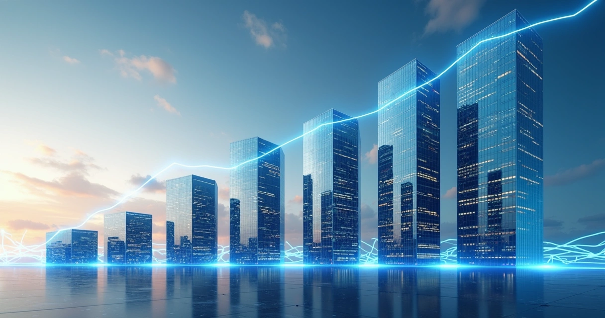 Ilustração de várias empresas crescendo e conectadas por linhas 