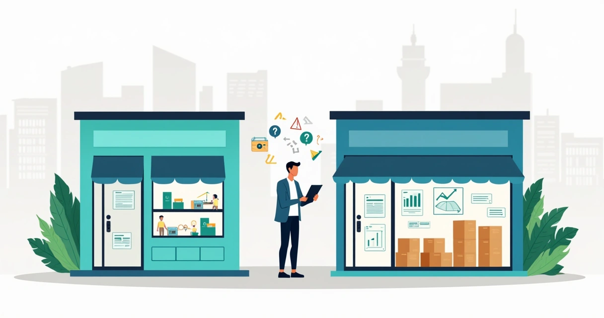 Duas unidades de pequena empresa lado a lado com uma estruturada e outra confusa 