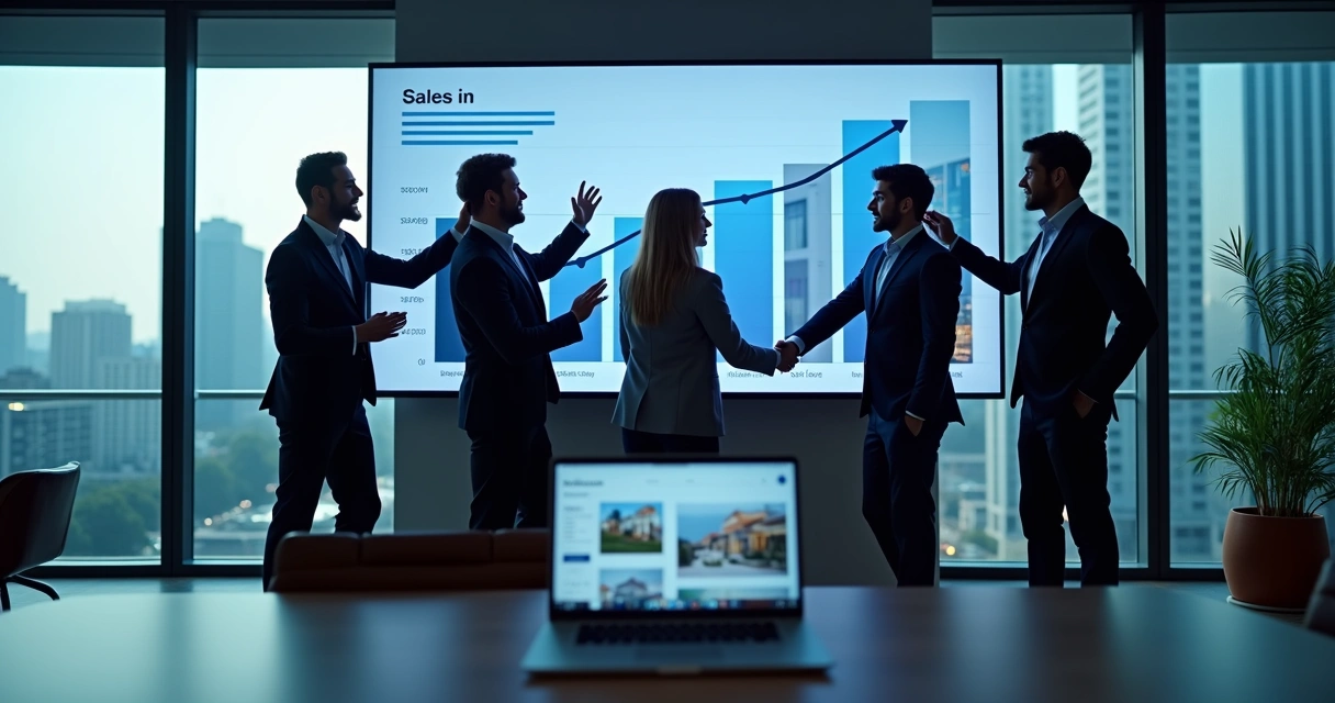 Equipe imobiliária comemorando aumento de vendas com tecnologia. 