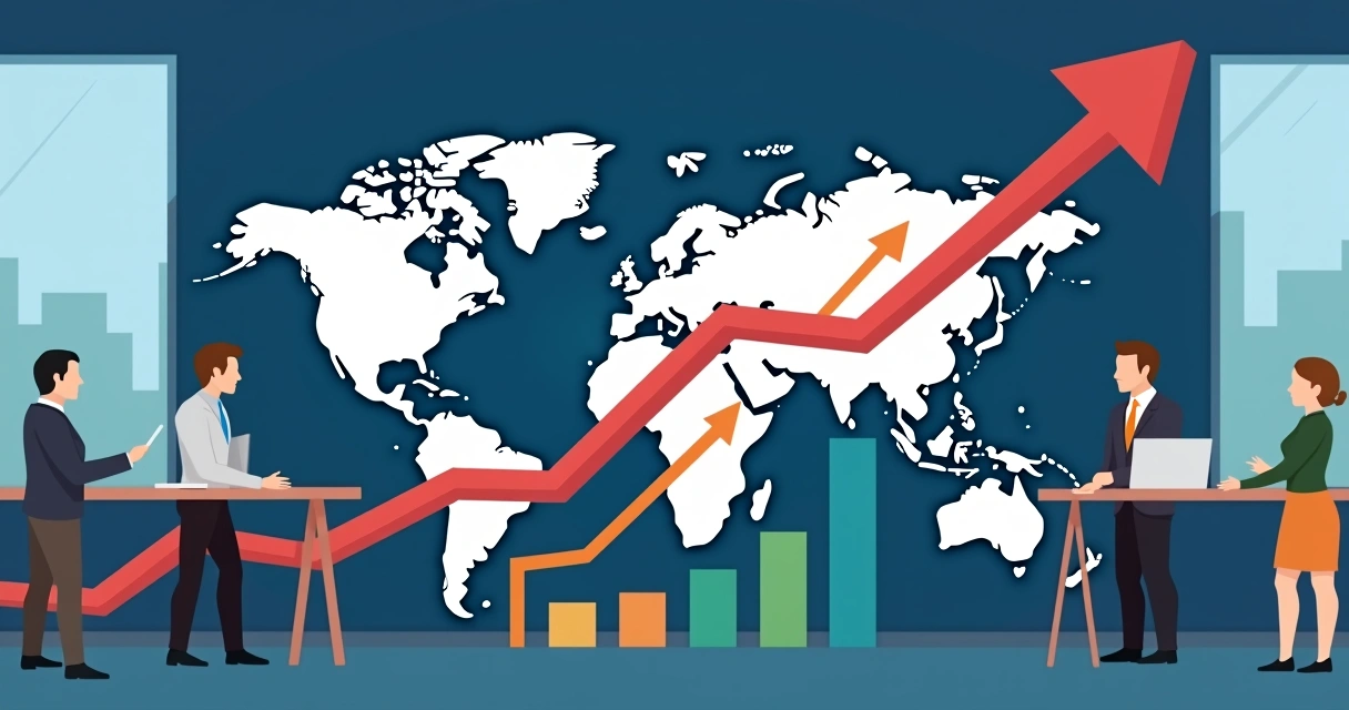 Ilustração de empresa crescendo para mercados internacionais com gráficos e mapas 