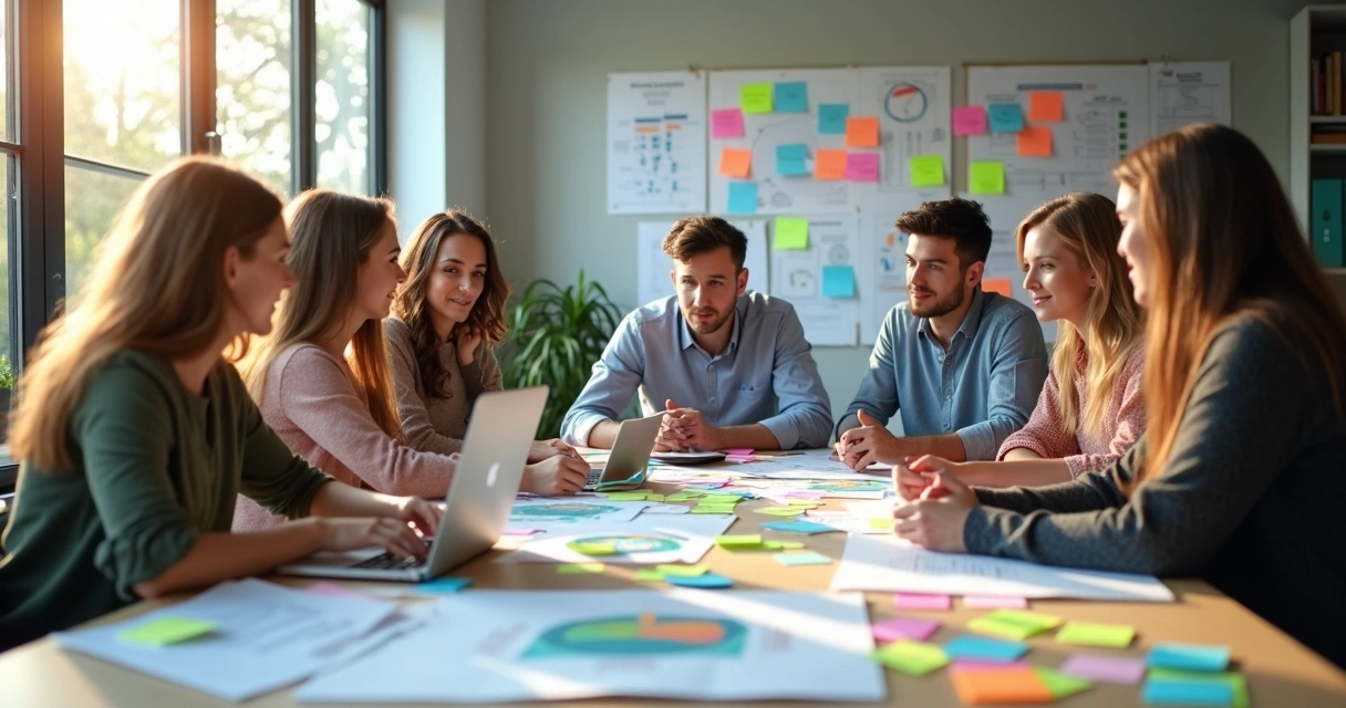 Equipe B2B reunida analisando oportunidades de expansão com post-its e gráficos 
