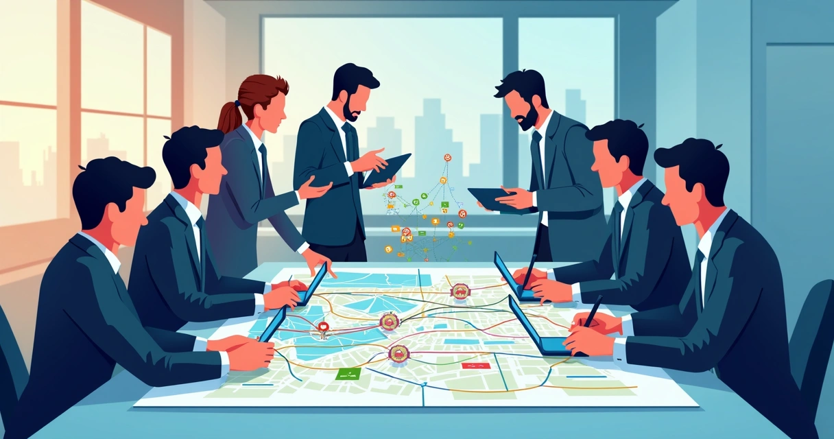 Equipe planejando expansão da rede com mapas e tablets 