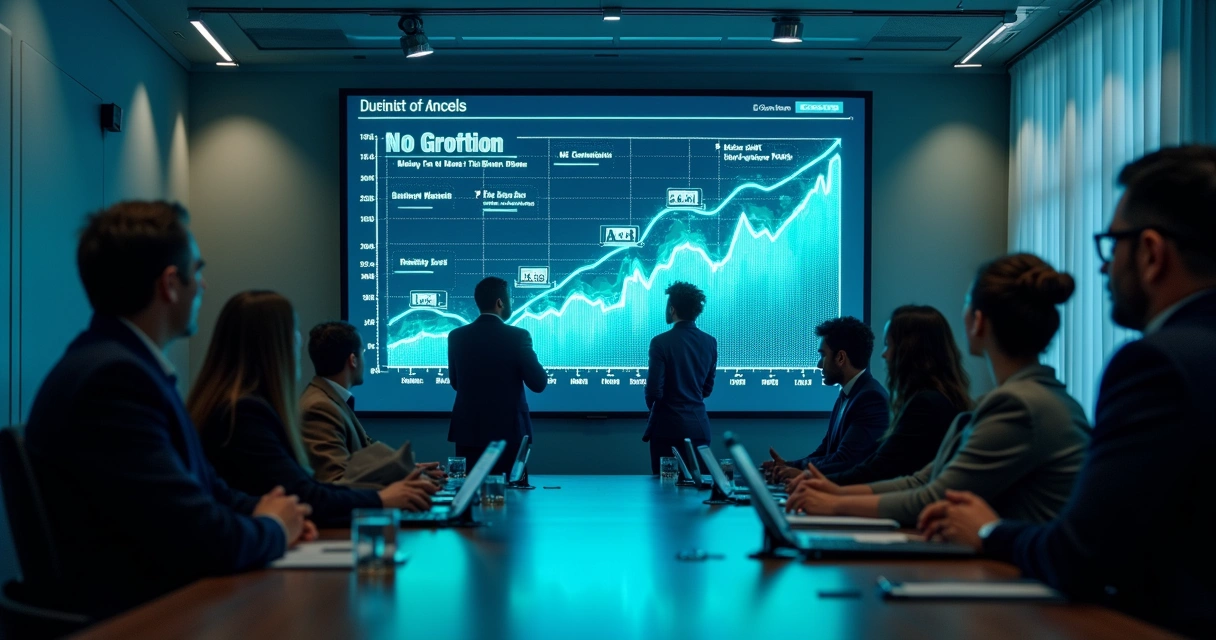 Equipe diante de painel mostrando crescimento de sistema no-code 