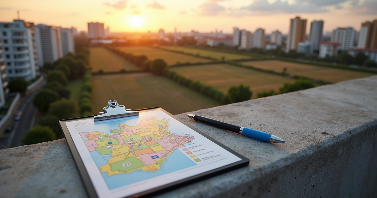 Mapa em tablet mostrando área de expansão urbana com checklist ao lado 