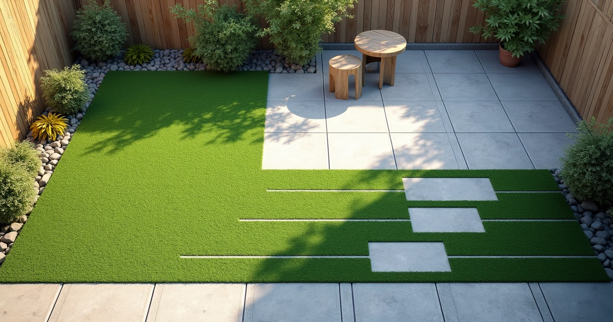 Artificial turf and patio with expansion joint placement diagram