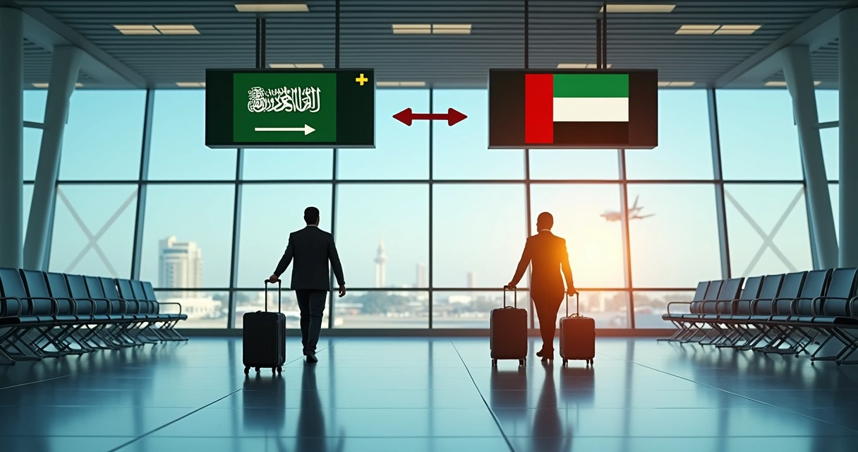 Expat professionals walking in airport with Saudi and UAE signage