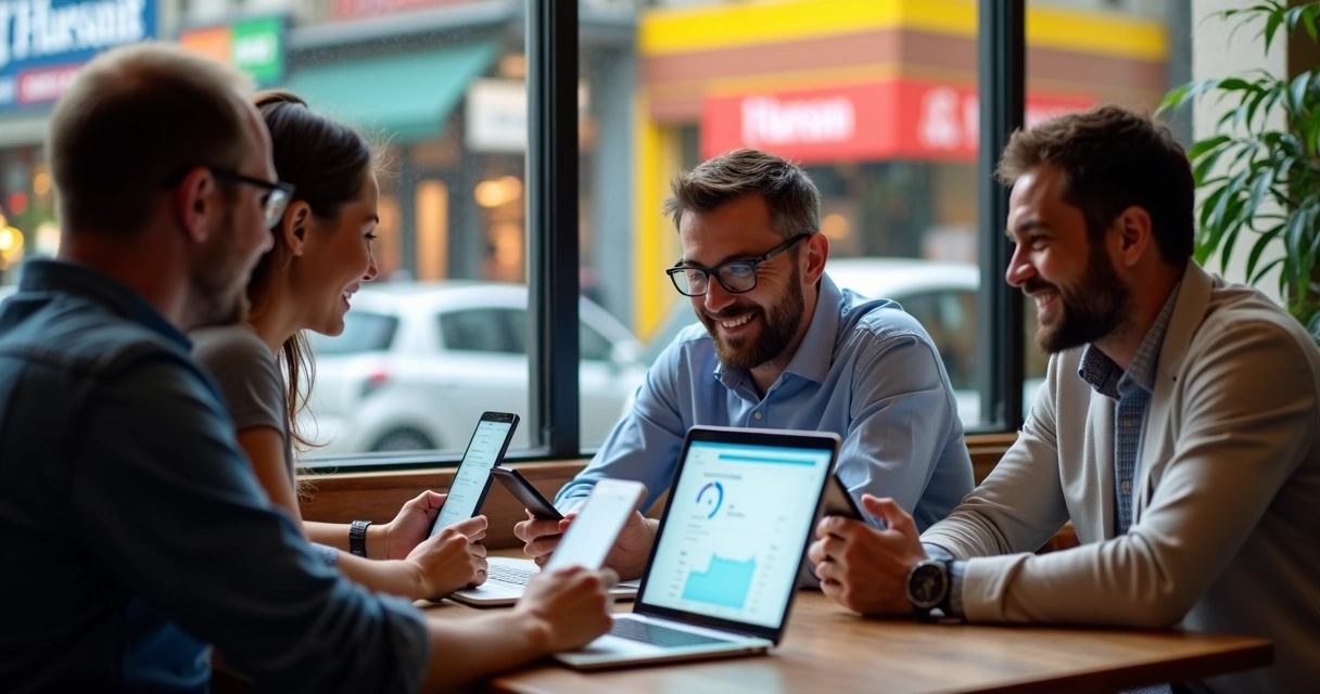 Expatriados sorrindo ao usar aplicativos de banco no notebook 