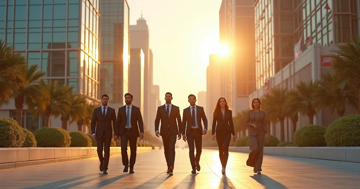 International business professionals walking in Riyadh cityscape 