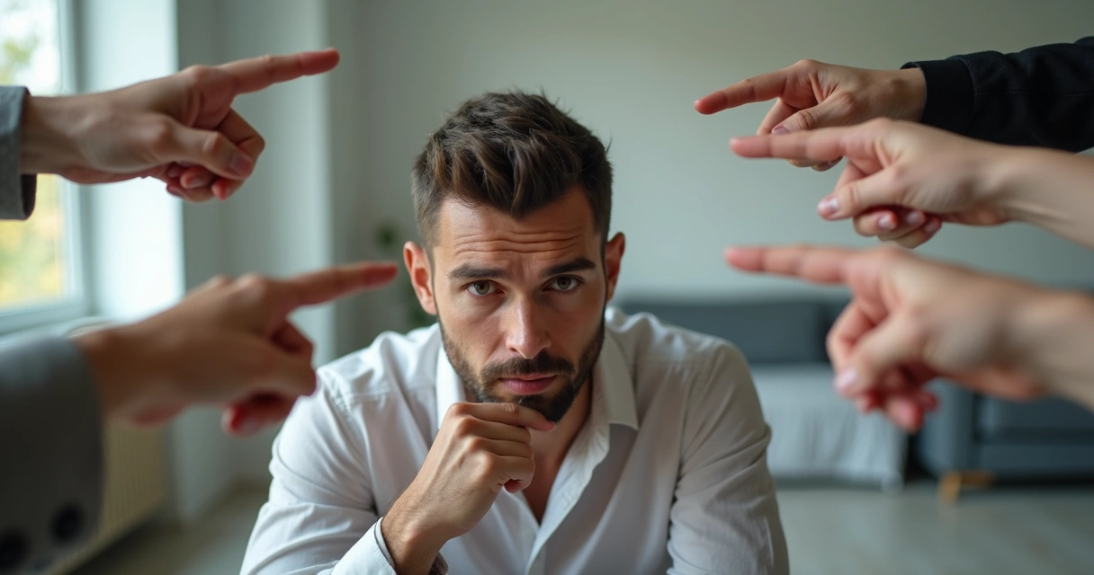 Pessoa sentada em uma sala, olhando para várias mãos apontando ao redor dela