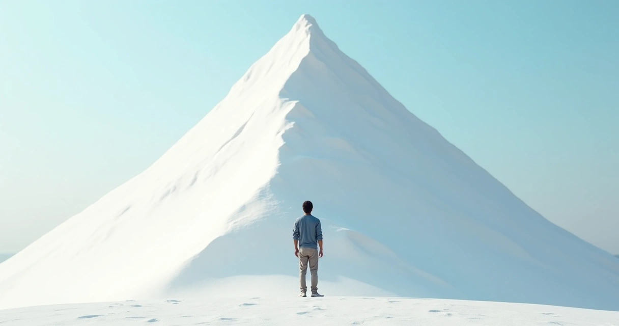 Persona observando una montaña blanca desde abajo, simbolizando un desafío difícil
