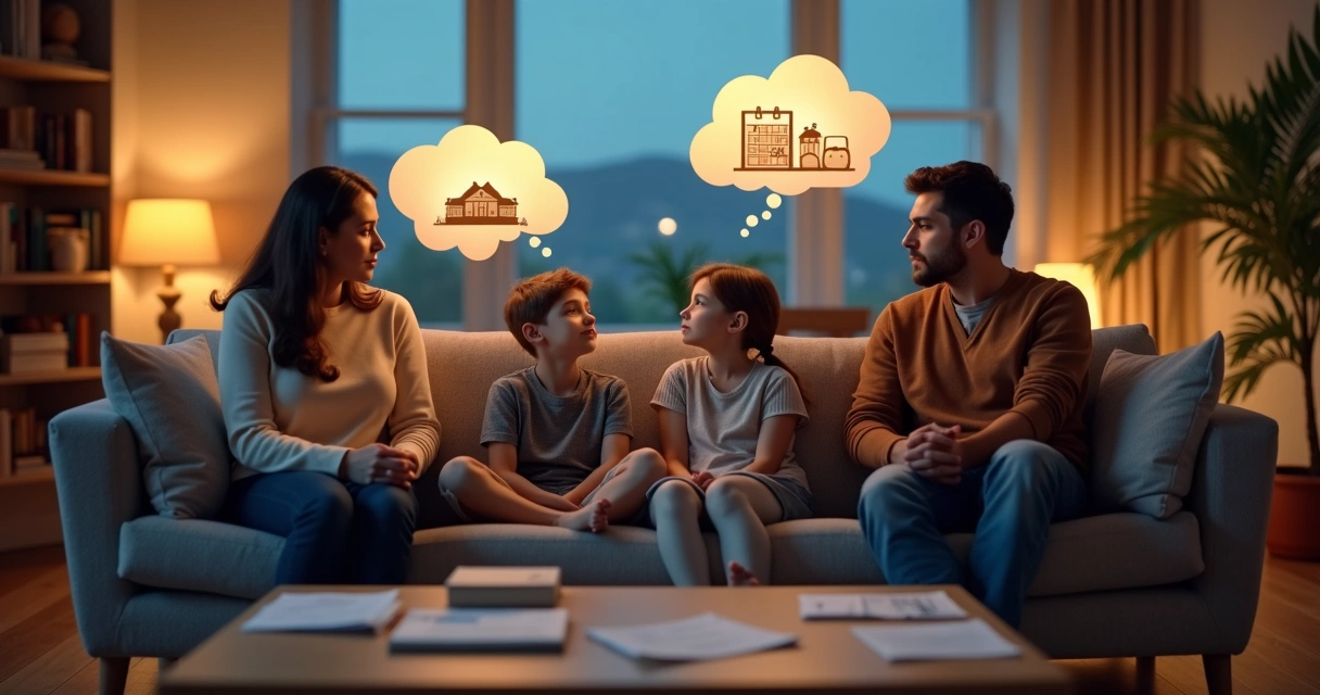 Família em sala com itens flutuantes ilustrando expectativas desalinhadas 